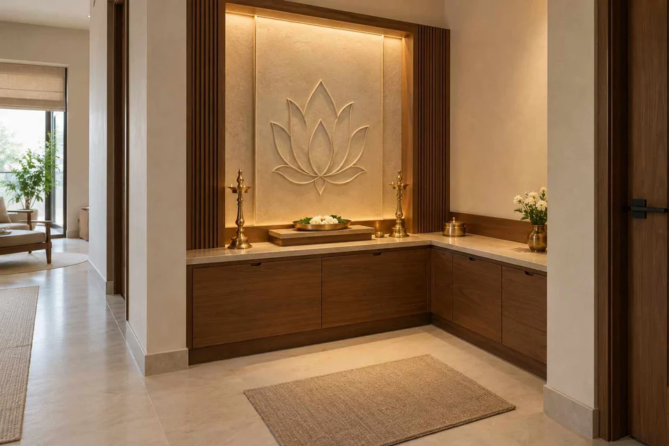AI-generated puja room design concept: corner l mandir, lime and walnut direction