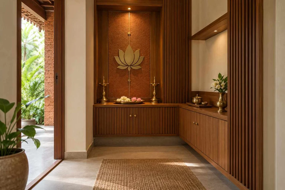 AI-generated puja room design concept: corner l mandir, malabar timber direction