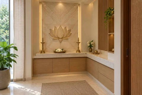 AI-generated puja room design concept: corner l mandir, marble restraint direction