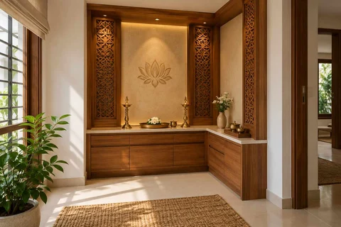 AI-generated puja room design concept: corner l mandir, modern carved direction