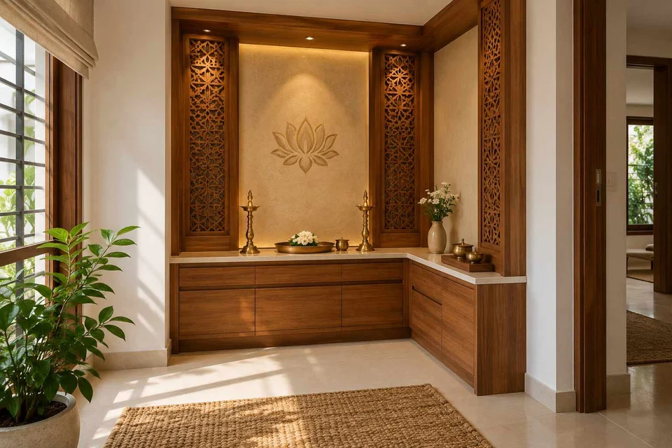 AI-generated puja room design concept: corner l mandir, modern carved direction