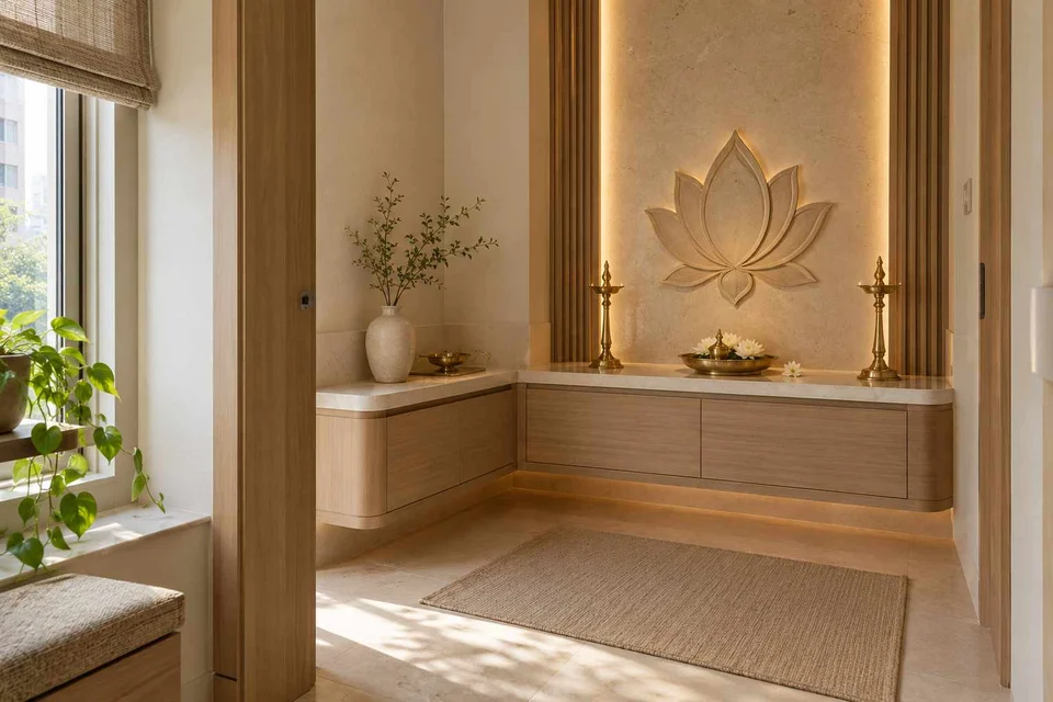 AI-generated puja room design concept: corner l mandir, quiet contemporary direction