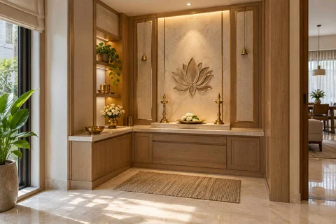 AI-generated puja room design concept: corner l mandir, quiet transitional direction
