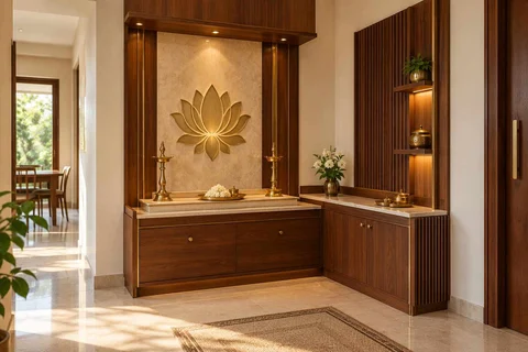 AI-generated puja room design concept: corner l mandir, rosewood brass direction