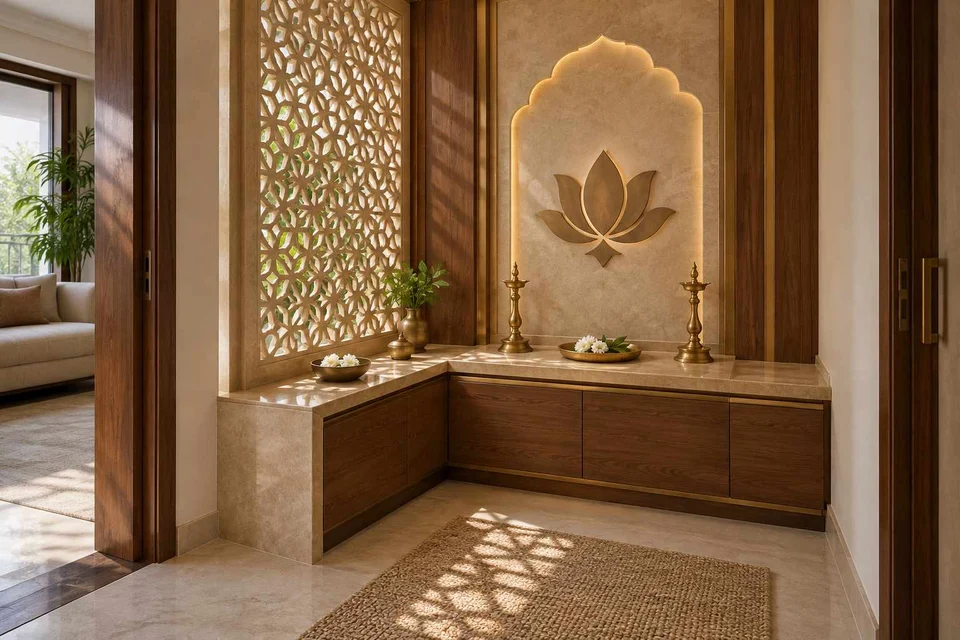 AI-generated puja room design concept: corner l mandir, sandstone lattice direction