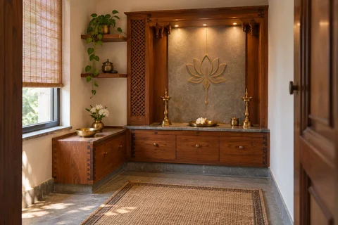 AI-generated puja room design concept: corner l mandir, teak craft direction
