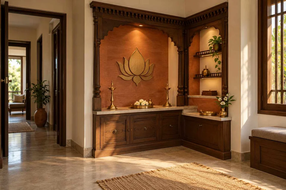 AI-generated puja room design concept: corner l mandir, terracotta heritage direction