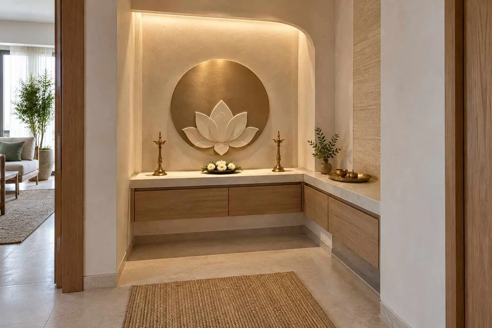 AI-generated puja room design concept: corner l mandir, textured mineral direction