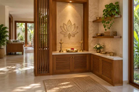 AI-generated puja room design concept: corner l mandir, tropical slatted direction