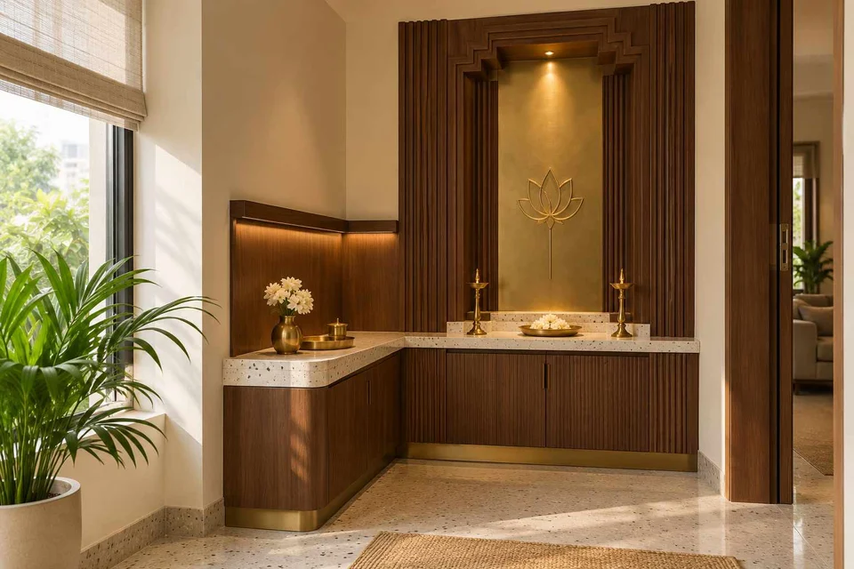 AI-generated puja room design concept: corner l mandir, urban deco direction