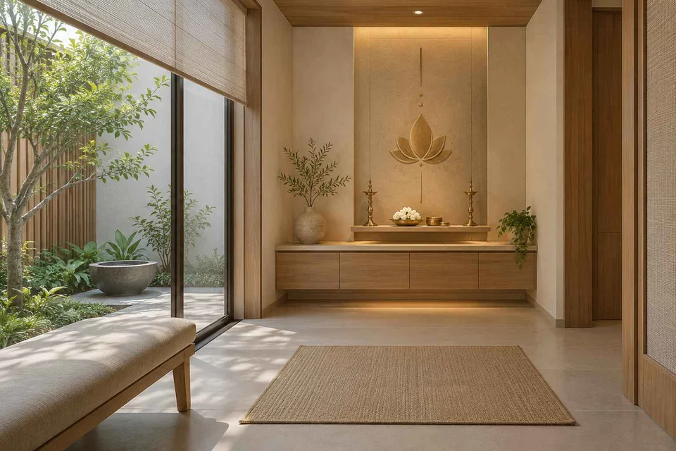 AI-generated puja room design concept: courtyard pavilion prayer room, ash and linen direction