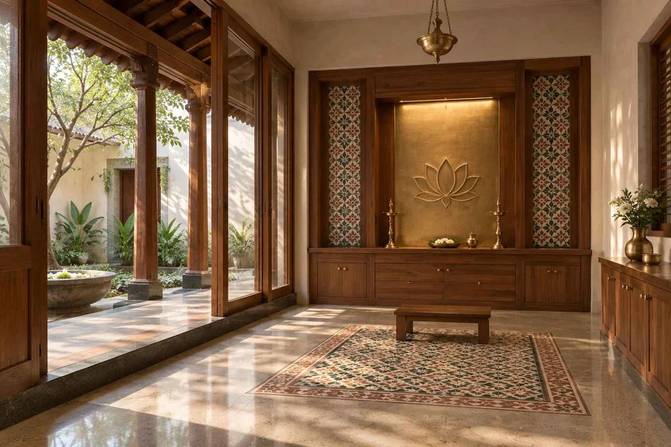 AI-generated puja room design concept: courtyard pavilion prayer room, chettinad tile direction