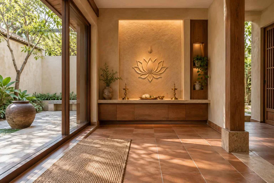 AI-generated puja room design concept: courtyard pavilion prayer room, clay artisan direction