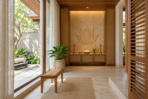 AI-generated puja room design concept: courtyard pavilion prayer room, coastal woven direction