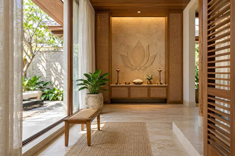 AI-generated puja room design concept: courtyard pavilion prayer room, coastal woven direction