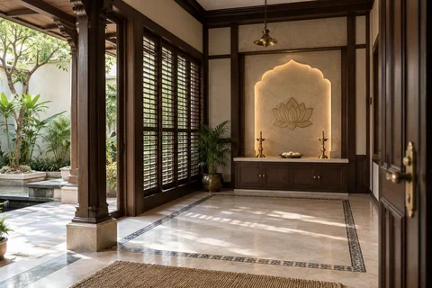 AI-generated puja room design concept: courtyard pavilion prayer room, colonial quiet direction