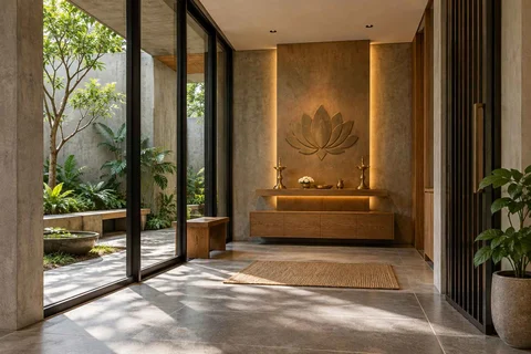 AI-generated puja room design concept: courtyard pavilion prayer room, concrete and oak direction