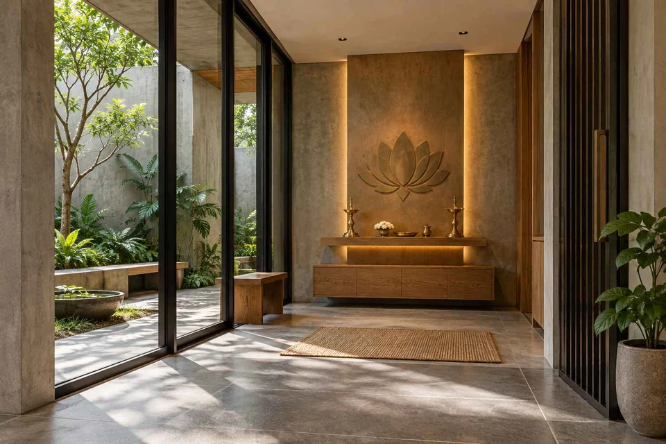 AI-generated puja room design concept: courtyard pavilion prayer room, concrete and oak direction