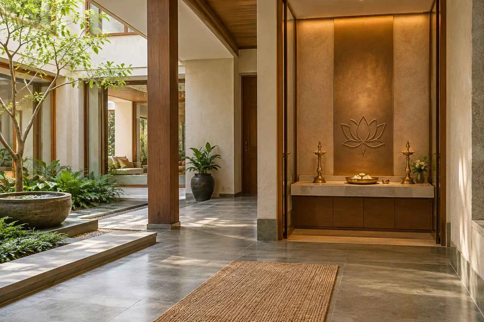 AI-generated puja room design concept: courtyard pavilion prayer room, courtyard modern direction