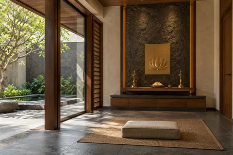 AI-generated puja room design concept: courtyard pavilion prayer room, deccan stone direction