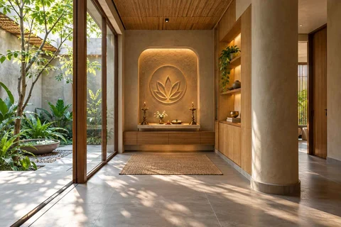 AI-generated puja room design concept: courtyard pavilion prayer room, earth and bamboo direction