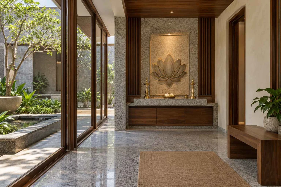 AI-generated puja room design concept: courtyard pavilion prayer room, granite precision direction
