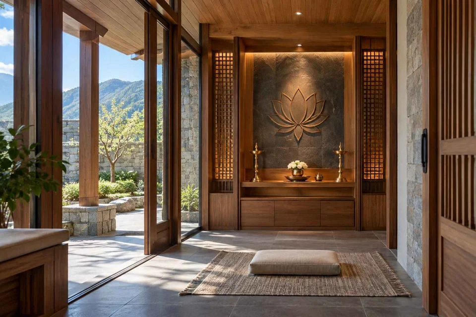 AI-generated puja room design concept: courtyard pavilion prayer room, hill timber direction