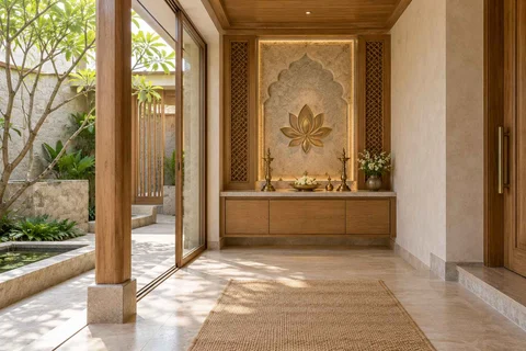 AI-generated puja room design concept: courtyard pavilion prayer room, inlay atelier direction