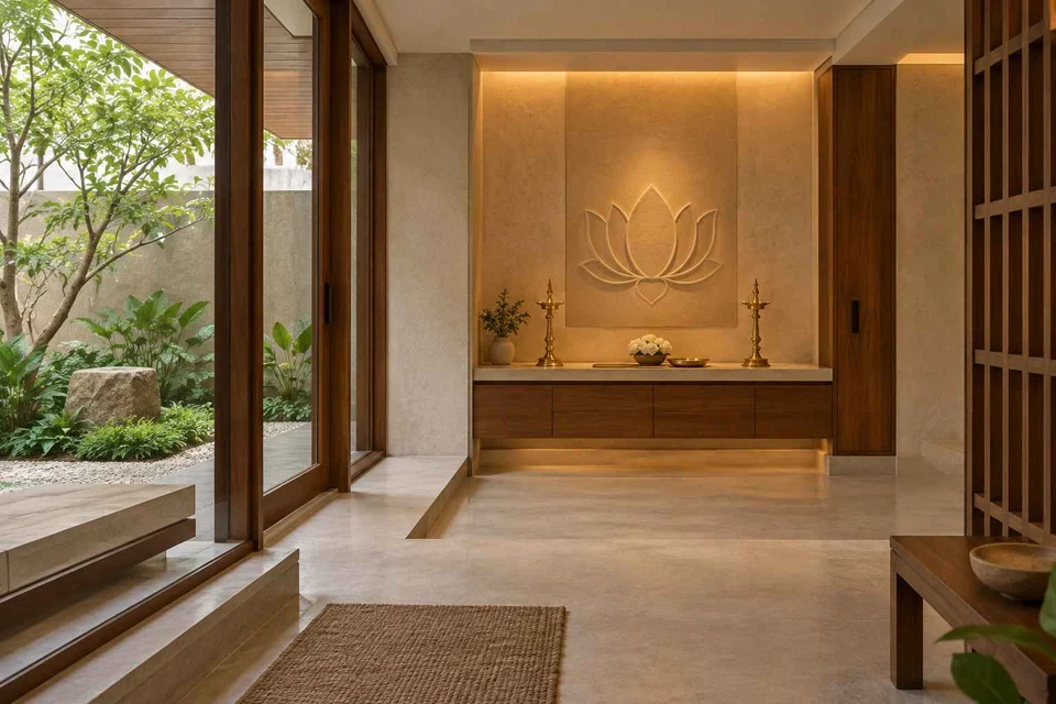 AI-generated puja room design concept: courtyard pavilion prayer room, lime and walnut direction