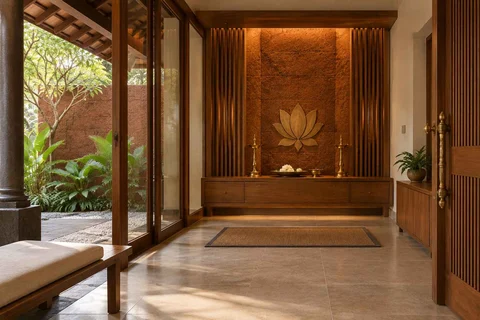 AI-generated puja room design concept: courtyard pavilion prayer room, malabar timber direction