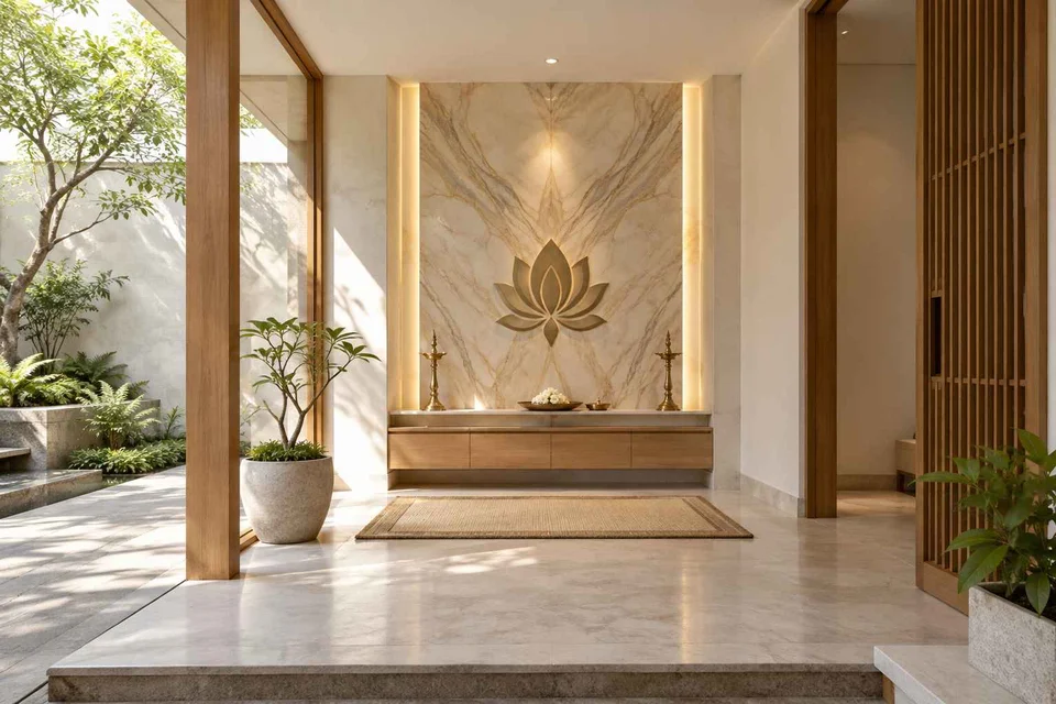 AI-generated puja room design concept: courtyard pavilion prayer room, marble restraint direction