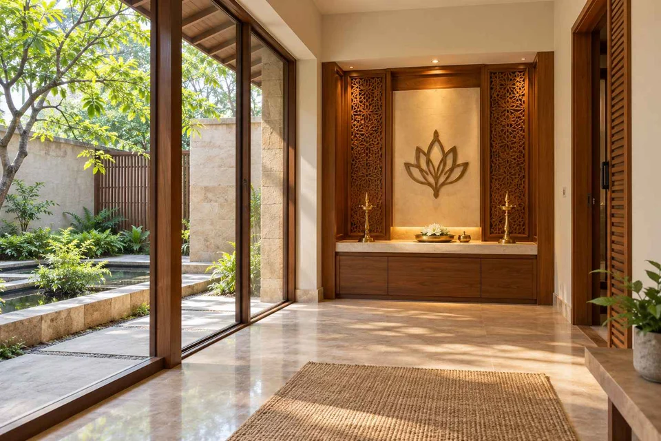 AI-generated puja room design concept: courtyard pavilion prayer room, modern carved direction