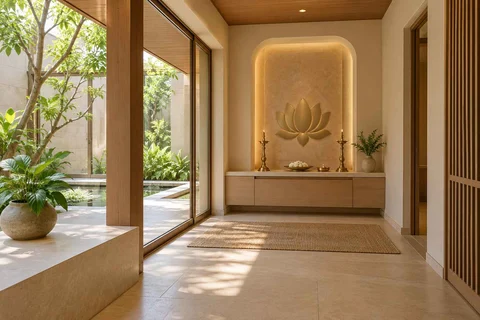 AI-generated puja room design concept: courtyard pavilion prayer room, quiet contemporary direction