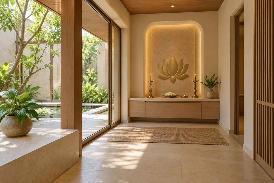 AI-generated puja room design concept: courtyard pavilion prayer room, quiet contemporary direction