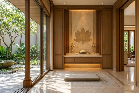 AI-generated puja room design concept: courtyard pavilion prayer room, quiet transitional direction