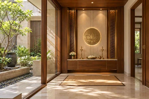 AI-generated puja room design concept: courtyard pavilion prayer room, rosewood brass direction