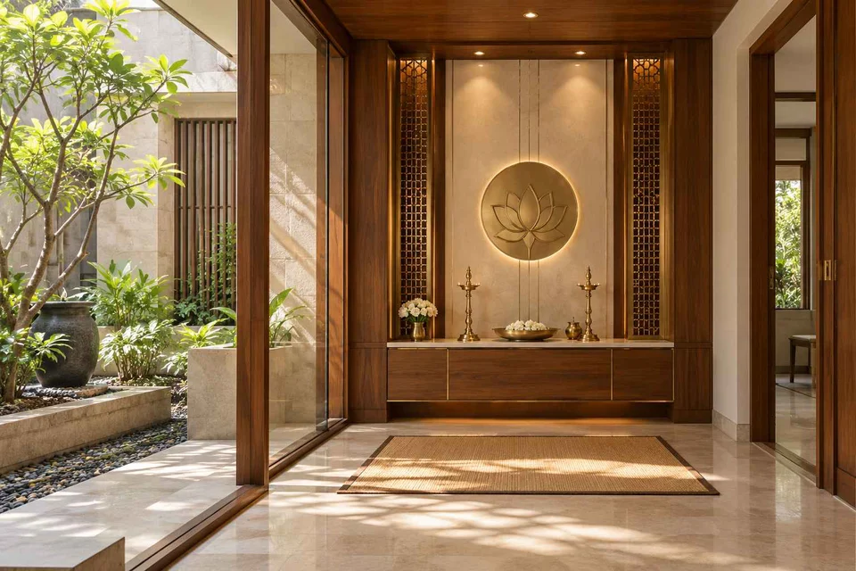 AI-generated puja room design concept: courtyard pavilion prayer room, rosewood brass direction