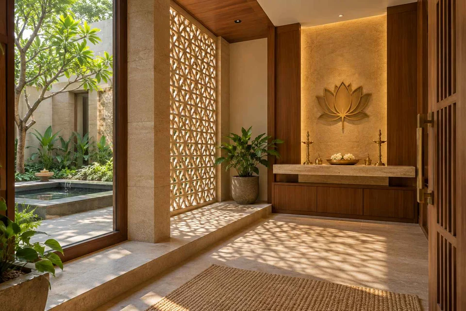 AI-generated puja room design concept: courtyard pavilion prayer room, sandstone lattice direction