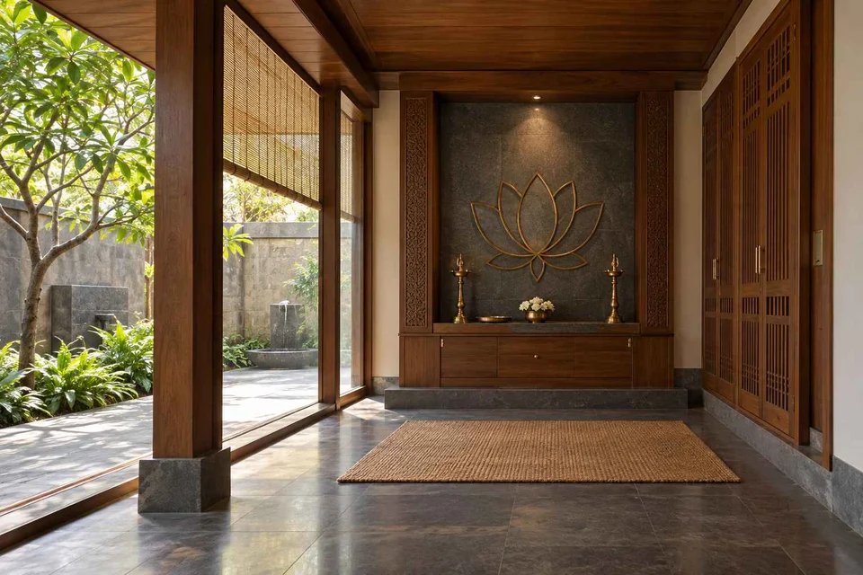AI-generated puja room design concept: courtyard pavilion prayer room, teak craft direction