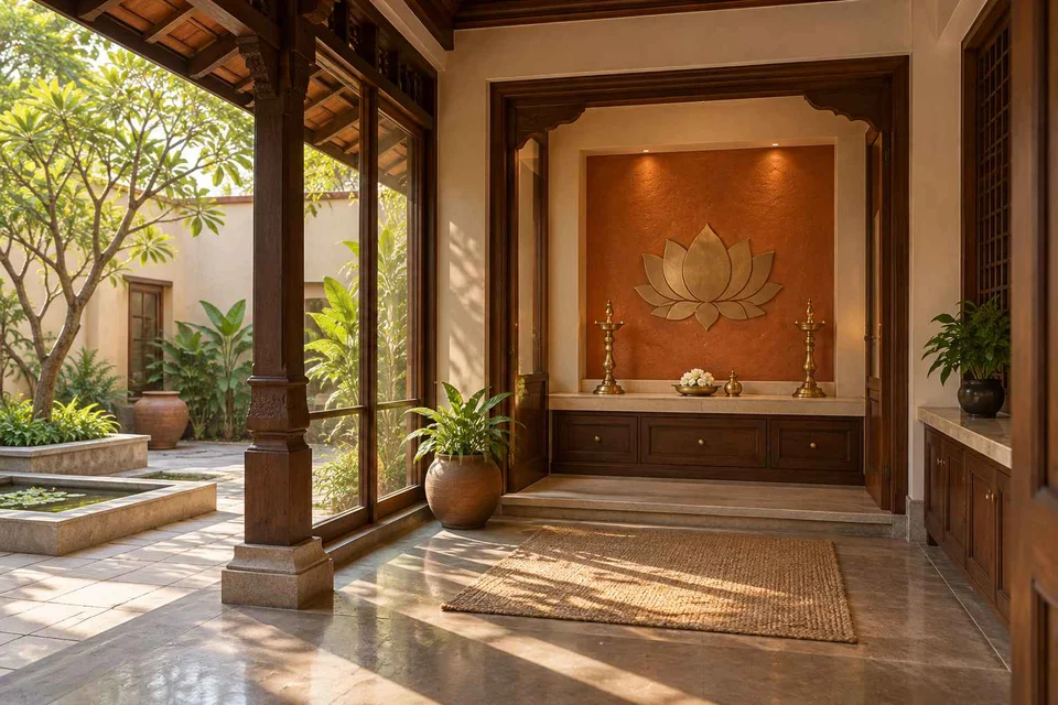 AI-generated puja room design concept: courtyard pavilion prayer room, terracotta heritage direction