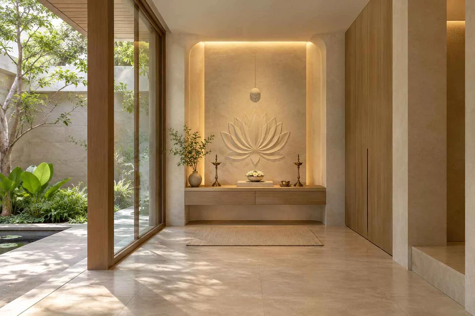 AI-generated puja room design concept: courtyard pavilion prayer room, textured mineral direction