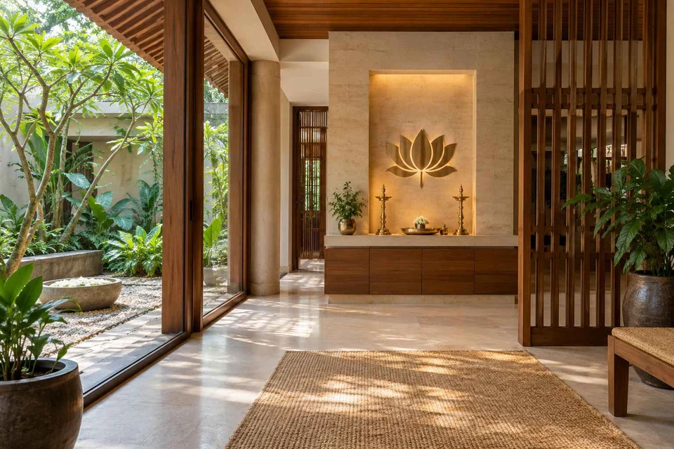 AI-generated puja room design concept: courtyard pavilion prayer room, tropical slatted direction