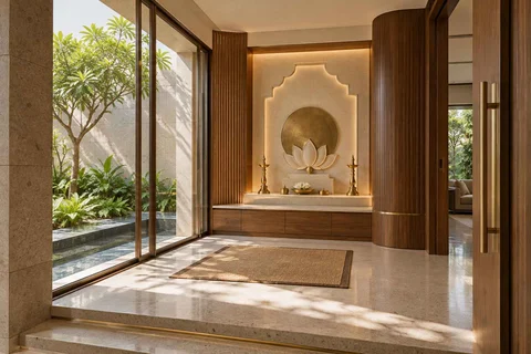 AI-generated puja room design concept: courtyard pavilion prayer room, urban deco direction