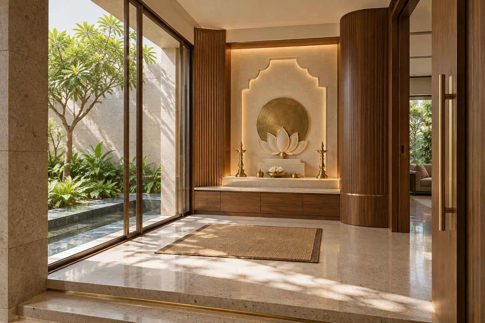 AI-generated puja room design concept: courtyard pavilion prayer room, urban deco direction