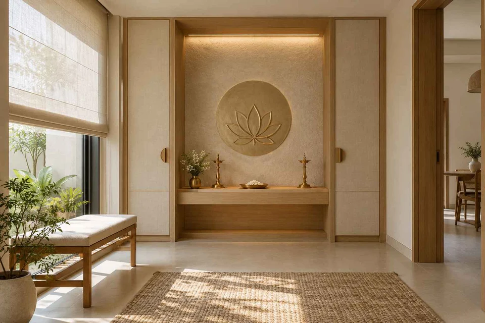 AI-generated puja room design concept: deep reveal mandir, ash and linen direction