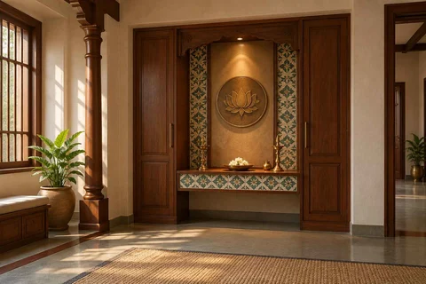 AI-generated puja room design concept: deep reveal mandir, chettinad tile direction