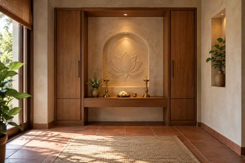 AI-generated puja room design concept: deep reveal mandir, clay artisan direction
