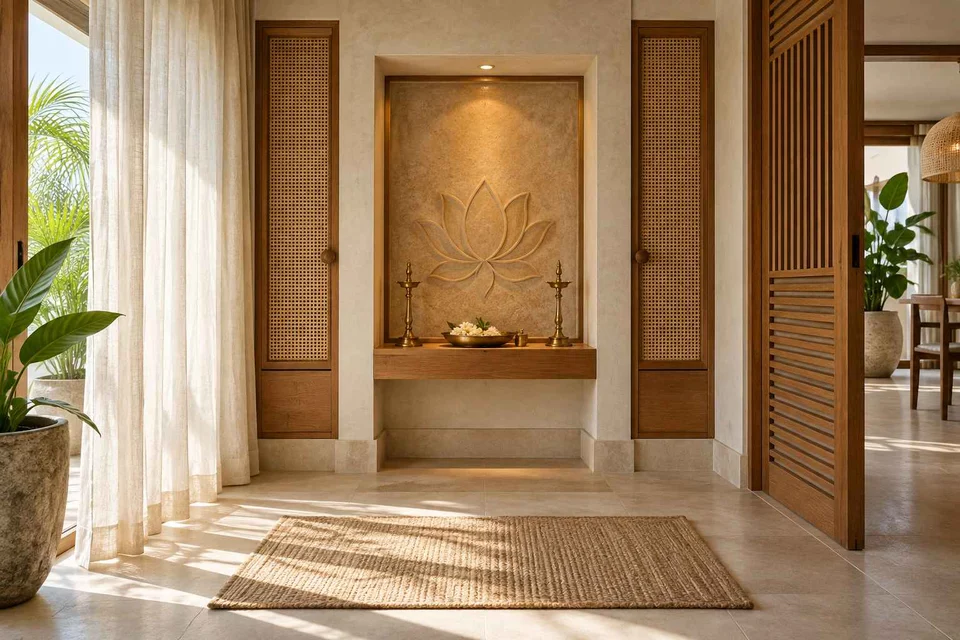 AI-generated puja room design concept: deep reveal mandir, coastal woven direction