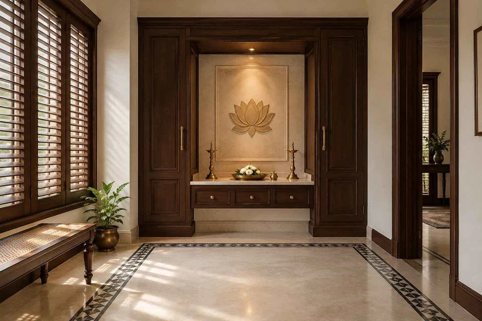 AI-generated puja room design concept: deep reveal mandir, colonial quiet direction