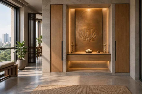 AI-generated puja room design concept: deep reveal mandir, concrete and oak direction